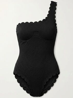 aerie Black Scalloped One-Shoulder Swimsuit